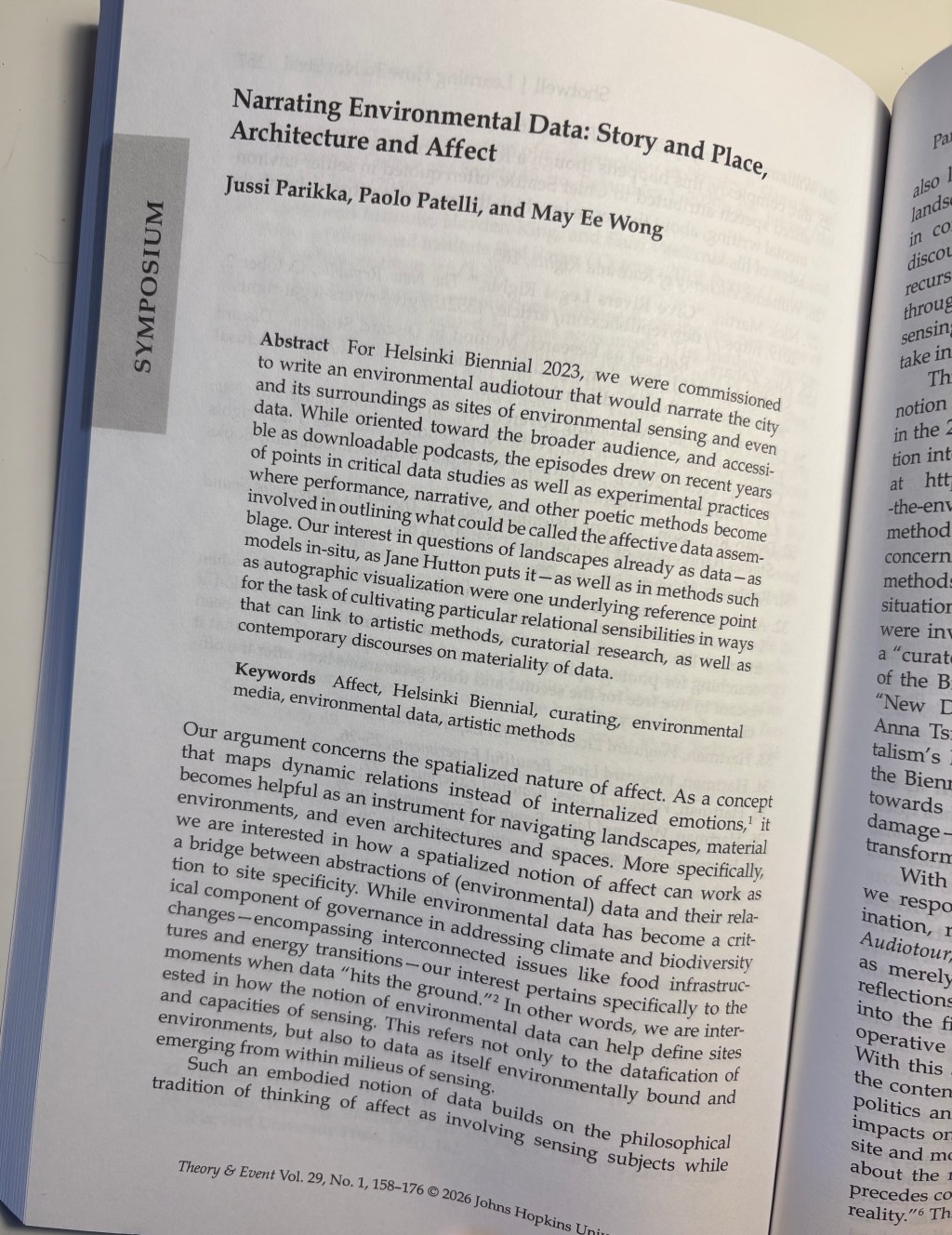 Essay out for “Earth Sensations” symposium in ‘Theory&Event’ journal